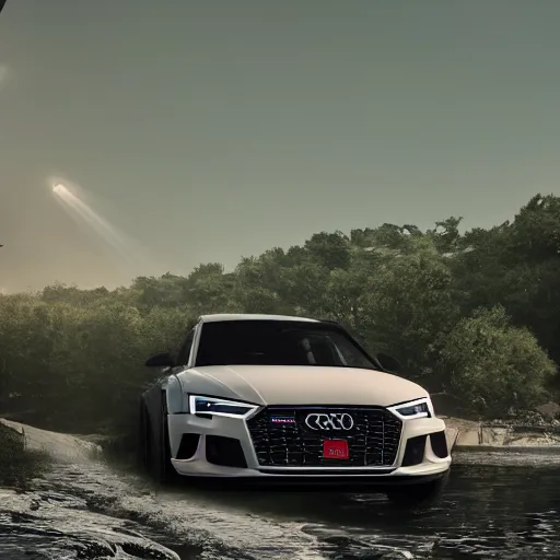 Image similar to audi 5 rs sportback jumping over river, cinematic, cinematic lighting, trending on Artstation, Cgsociety, detailed, 4k, very realistic