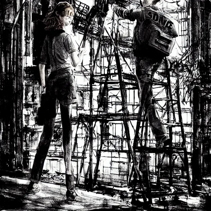 Image similar to sadie sink in dirty work clothes : leaves industrial district. waves goodbye to workmen background : factory, dirty, polluted. technique : black and white pencil and ink. by gabriel hardman, joe alves, chris bonura. cinematic atmosphere, detailed and intricate, perfect anatomy