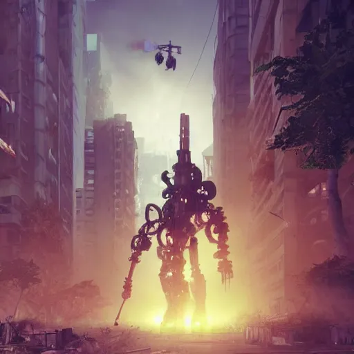 Prompt: six feet tall mech fighting in an urban environment, by gaudi, by ismail inceoglu, octane render, by weta digital, cinematic lighting, bump mapped, lumen reflections, action scene screenshot, epic scale, trending on artstation