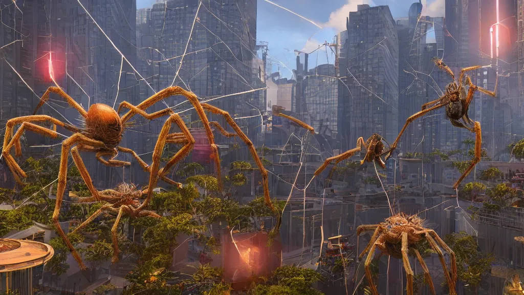 Image similar to giant spiders attacking the city, realistic, arachnophobia, unreal engine 5, global illumination, detailed environment, bright colours, cinematic, atmosphere, 4 k