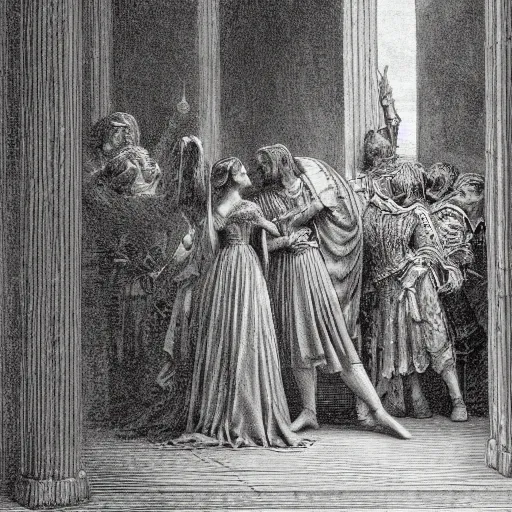 Image similar to a scene from romeo and juliet, high detail, illustration by gustave dore