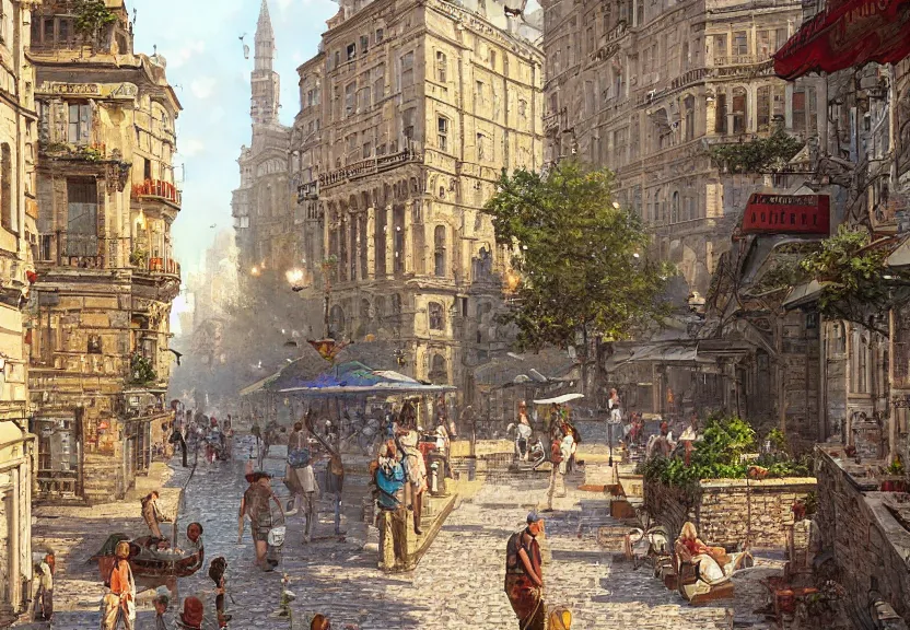 Image similar to pixel art of an old european city, summer season, a realistic digital painting by greg rutkowski and james gurney, trending on artstation, highly detailed