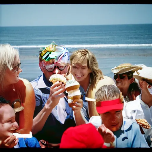 Image similar to Donald trump is having ice cream at the beach by martin parr. Color photography.