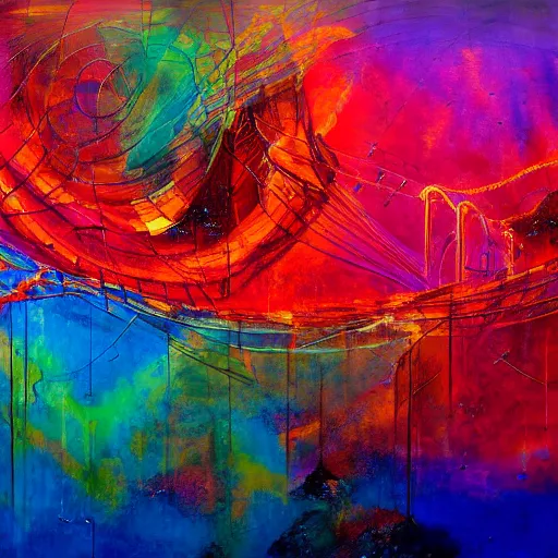 Image similar to elysium mothership retribution scarce color palette cold power-line alienated scenery in a dream subconscious cavern sacred geometry canvas carefully structured abstract expressionism oil painting by Eemre Aaa (2041)