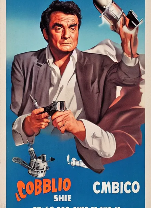 Image similar to columbo in 1 9 5 0 s pulp sci - fi movie poster, retrofuturism, highly detailed, mgm studios, david klein, reynold brown