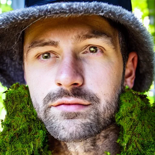 Prompt: portrait of a man with hat made of moss, 4k, full shot, high details, natural light, Forrest in background