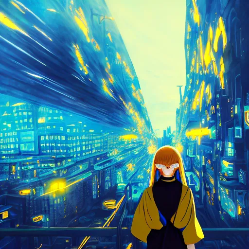 Image similar to anime ukrainian girl, in blue and yellow clothes, watching explosions in big city, concept art, trending on artstation, highly detailed, intricate, sharp focus, digital art, 8 k