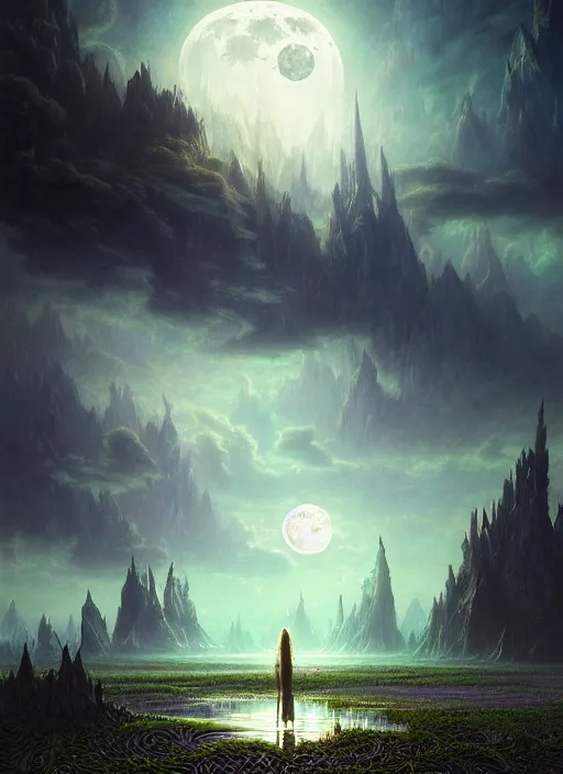 Image similar to fantasy book cover, full moon, fantasy bayou landscape, iridescent elements, fantasy magic, no human, dark light night, intricate, elegant, sharp focus, illustration, highly detailed, digital painting, concept art, matte, art by WLOP and Artgerm and Greg Rutkowski and Albert Bierstadt, masterpiece