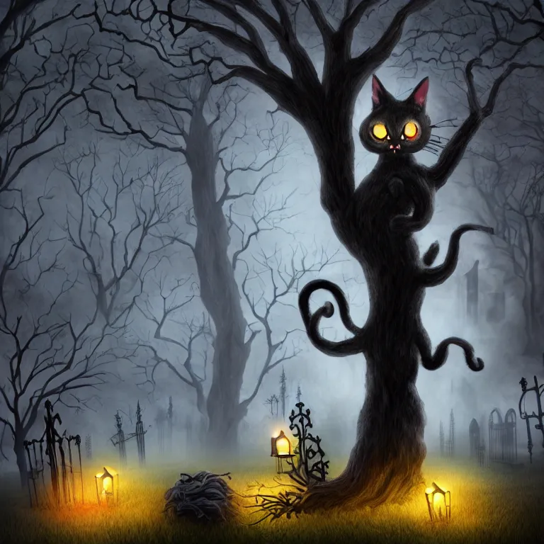 Prompt: spooky cat by a large tree in the middle of a gothic graveyard, warm, glowing lights, tim burton style, trending on artstation, 8 k,