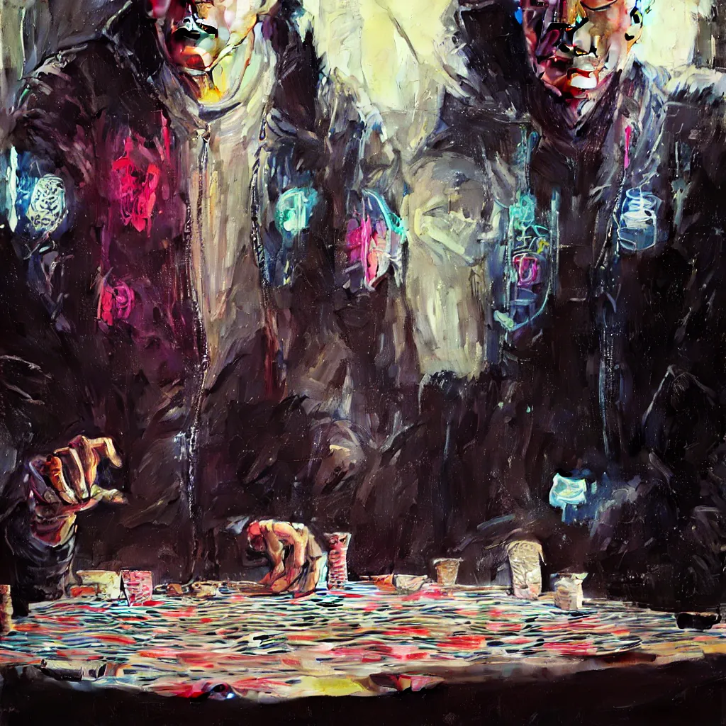 Image similar to detailed portrait larry david playing poker, cyberpunk futuristic neon, reflective puffy coat, decorated with traditional Japanese ornaments by Ismail inceoglu dragan bibin hans thoma greg rutkowski Alexandros Pyromallis Nekro Rene Maritte Illustrated, Perfect face, fine details, realistic shaded, fine-face, pretty face