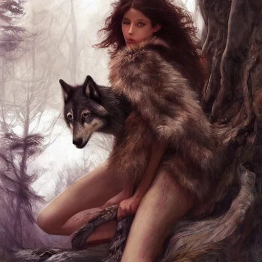 Image similar to of a beautiful brunette women with a wolf, intricate skin, fur, silicone cover, elegant, peaceful, full body, horns, hyper realistic, extremely detailed, dnd character art portrait, fantasy art, intricate fantasy painting, dramatic lighting, vivid colors, deviant art, artstation, by edgar maxence and caravaggio and michael whelan and delacroix