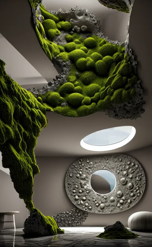 Image similar to highly detailed ultra sharp 3 d render villa interior cinematic composition of a smooth ceramic porcelain biomorphic magnolia stone nebula fluid fractal sci - fi surreal architecture landscape, granite, metallic, magnesium, marble, moss and lichen, vincent callebaut composition, mamou - mani, archviz, beautiful lighting, 8 k, unreal engine, hdr,