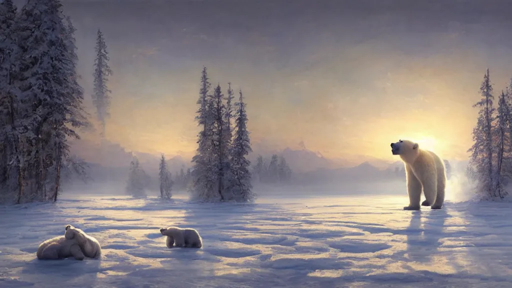 Prompt: the most beautiful panoramic landscape, oil painting, where a giant dreamy lake is frozen, a giant polar bear is exhaling steam while walking over the frozen lake, the frozen lake is reflecting the giant polar bear and the ray lights of the sunrise are brightening him, by greg rutkowski