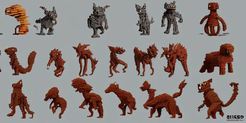 Prompt: creatures called critters, made out of few bricks. cute looking, sharp focus, moebius, character sheet, game concept art, brush work