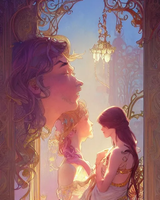 Prompt: secret romance, highly detailed, gold filigree, romantic storybook fantasy, soft cinematic lighting, award, disney concept art watercolor illustration by mandy jurgens and alphonse mucha and alena aenami, pastel color palette, featured on artstation