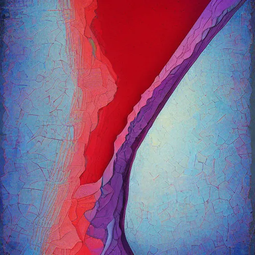 Prompt: the brittle. digital painting, vertical, intricate, beautiful, detailed, grunge, illustration, abstract art by georgia o'keeffe and el lissitzky and malevich and mucha, trending on artstation. blue, dark red and dark purple color scheme, gradient darker to bottom