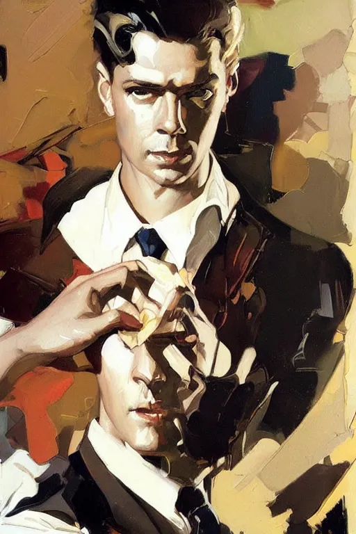 Image similar to jay bauman painting by jc leyendecker!! phil hale!, angular, brush strokes, painterly, vintage, crisp