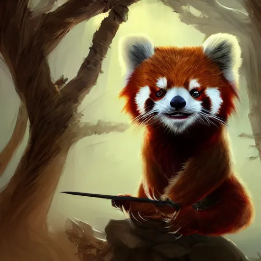 Prompt: Anthropomorphized red panda, D&D, fantasy, cinematic lighting, highly detailed, digital painting, artstation, concept art, smooth, sharp focus, illustration, warm light, cozy warm tint, magic the gathering artwork, volumetric lighting, 8k, no gold, no gold colours, art by Akihiko Yoshida, Greg Rutkowski