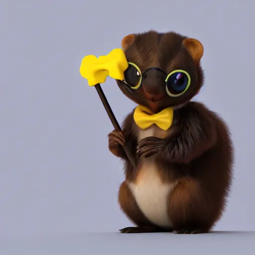 Prompt: cute anthro brown marmot in a black tuxedo while holding a yellow pencil in the left hand, pixar character, digital art, 3 d rendered in octane, blender, maya, shadows, lighting