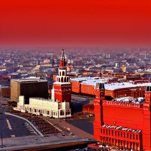 Image similar to high quality photo of Red Square in Moscow and nuclear explosion on background, highly detailed, 8k, professional