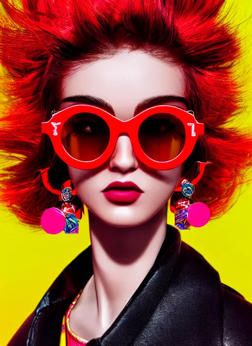 Prompt: coat for a rave,big glasses,hairstyle, big red-coloured earrings, bright colors, many details, prints, photo for a magazine, photo for a store, fashion photography, Vogue, 135 mm, cinematic, hyper realism, high detail, octane render, 8k, chrome accents, very coherent symmetrical artwork, perfect face model