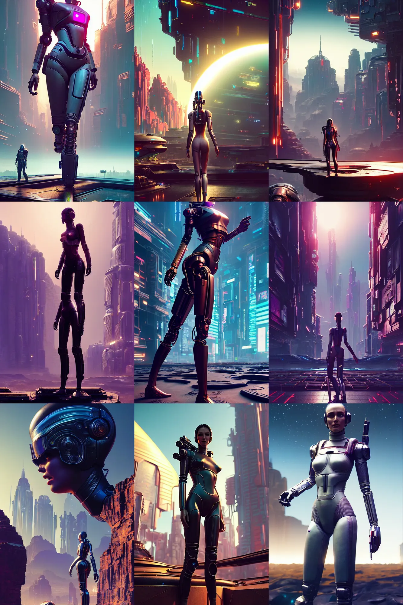 Prompt: the wanderer, beautiful female android!, intricate detailed environment, photorealistic!, octane render, mechanical, concept art, cinematic lighting, digital art, interstellar, hyper realism, sharp, cyberpunk 2 0 7 7, 8 k. by angus mckie, moebius, maciej kuciara, stanley lau, artgerm