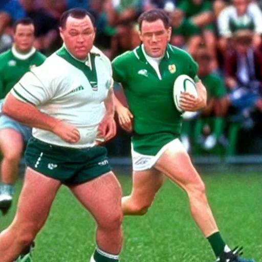 Image similar to photo of forrest gump playing rugby for the irish team