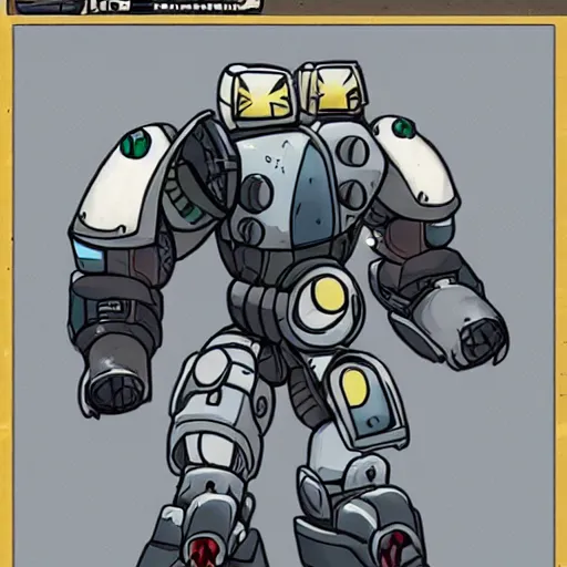 Image similar to An arctic fox furry in full battle mech armor in the style of Starcaft 2 by Gearbox Software