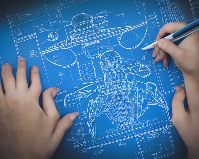 Image similar to blueprint of spaceship, technical drawing on blue notebook, intricate detail, centered with clean background, studio lighting, award winning photography, 8 k