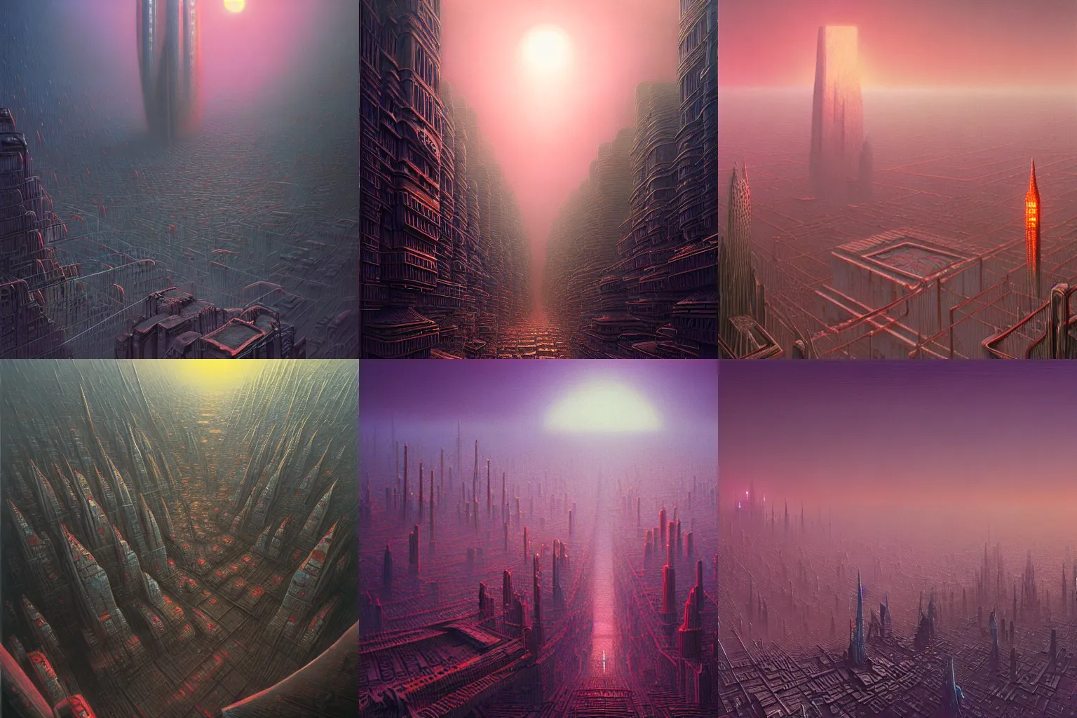 Prompt: detailed, sharp, an alien cityscape by Zdzislaw Beksinski, by Paul Lehr, digital art, illustration, trending on artstation, HD, 8K, highly detailed, good lighting, beautiful, epic