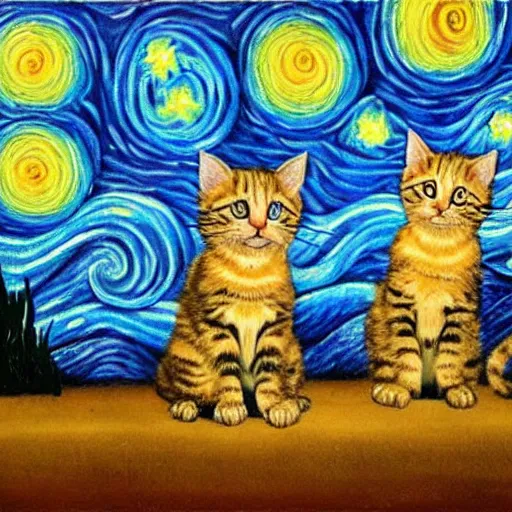 Prompt: van goh a starry night. kittens staring at the moon van goh