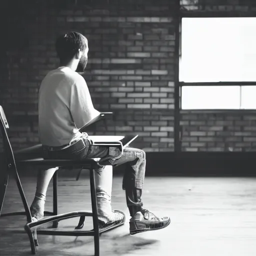 Image similar to a close up man using a laptop inside in warehouse, he sitting on chair and small table, polaroid photo, view from back