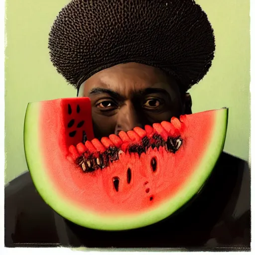 Image similar to front portrait of a funny looking not smiling black guy with a watermelon fruit helmet that covers only the top of his head by greg rutkowski