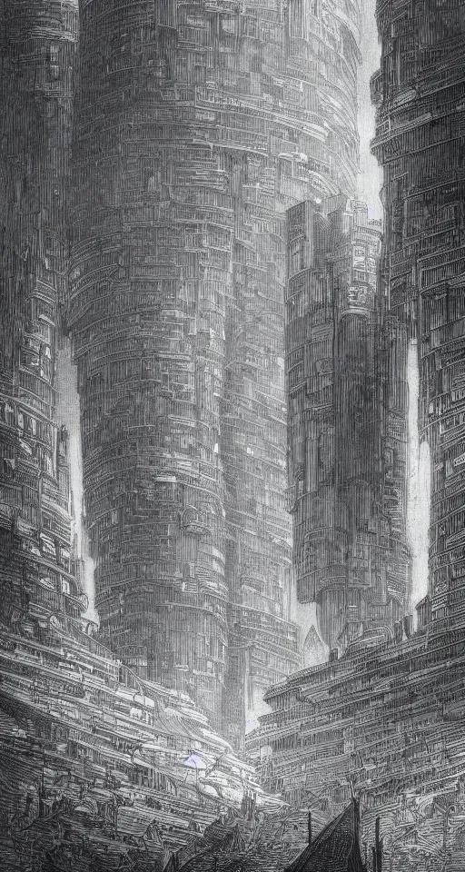 Prompt: huge futuristic building, illustration by gustave dore, detailed, sharp, masterpiece, 8 k