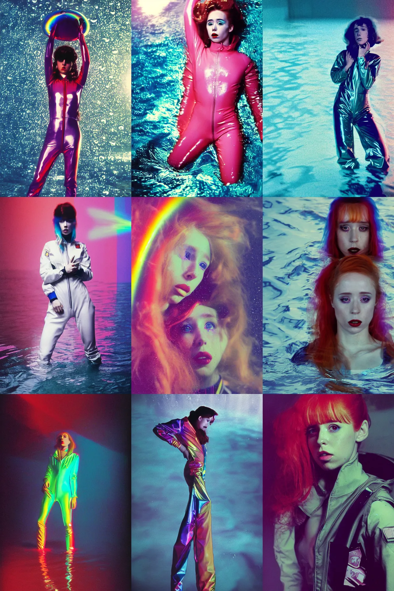 Prompt: Beautiful Holly Herndon style occult sketchbook style Fashion photography portrait tokyo top gun(1980) movie still from underwater space dance scene of model, wearing refracting rainbow diffusion wet plastic Balenciaga designed specular highlights anti-g flight jump suit, half submerged in heavy nighttime floods, water to waist, , épaule devant pose;pursed lips;athletic; pixie hair,eye contact, ultra realistic, Panavision Panaflex X , Technicolor, 8K, 35mm lens, three point perspective, tilt shift mirror kaleidoscope background, chiaroscuro, highly detailed, by moma, by Nabbteeri by Sergey Piskunov