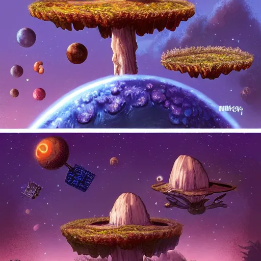 Prompt: a new RPG video game set in a solar system where each planet has a unique ecology with many varying species and cultures, mostly fungus inspired, communication between planets and species, mycology, Mycelium, the player has a spaceship and can explore and interact with these planets, 4k, concept art, visionary