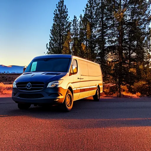 Image similar to a sprinter van in central oregon at sunset
