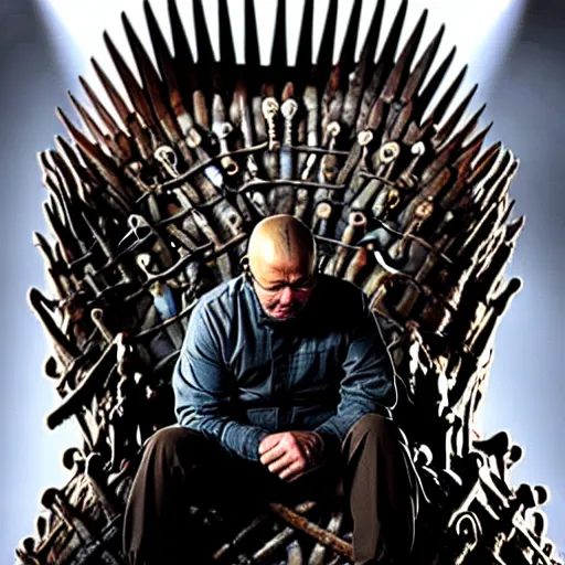 Image similar to “Very crisp photo of Walter White sitting on the Iron Throne from Game of Thrones, atmospheric lighting, award-winning details”