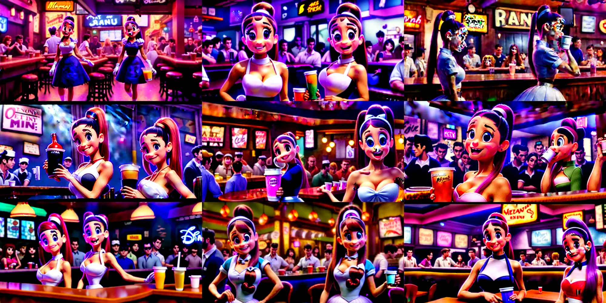 Prompt: a wholesome animation key shot of ariana grande as a waitress carrying drinks in a crowded downtown bar, medium shot, waist up, pixar and disney animation, sharp, rendered in unreal engine 5, anime key art by greg rutkowski, bloom, dramatic lighting