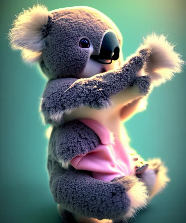 Image similar to high quality 3 d render hyperrealistic very cute small koala smoking weed, plush mascot, short spiky dense fluffy smooth hair, photo from the side, pink fluffy fur, 1 5 0 mm, beautiful natural soft light, rim light, vray, smooth background, artstation, ultra detailed