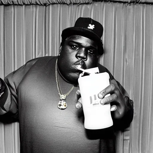 Image similar to photo of Biggie Smalls drinking a juicebox