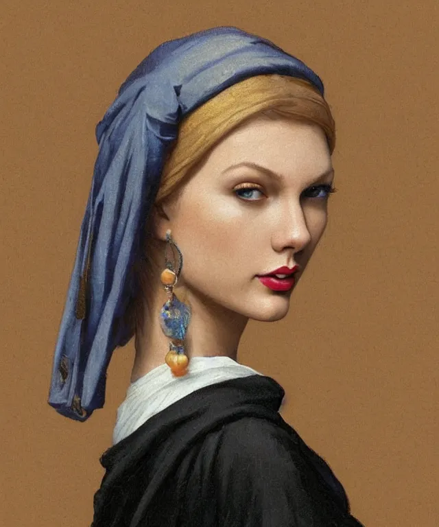 Image similar to Taylor Swift as the girl with the pearl earring, highly detailed, digital painting, artstation, concept art, smooth, sharp focus, illustration, ArtStation, art by artgerm and greg rutkowski and alphonse mucha and J. C. Leyendecker and Edmund Blair Leighton and Katsuhiro Otomo and Geof Darrow and Phil hale and Ashley wood and Ilya repin and Charlie Bowater