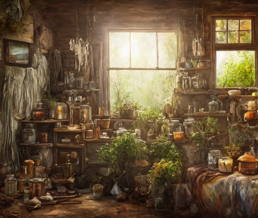 Image similar to expressive rustic oil painting, interior view of a cluttered herbalist cottage, waxy candles, [jars on wall], wood furnishings, herbs hanging, light bloom, dust, ambient occlusion, morning, rays of light coming through windows, dim lighting, brush strokes oil painting