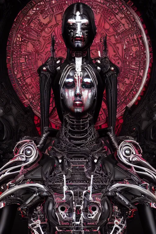 Image similar to full-body cyberpunk style sculpture of a young beautiful dark priestess, half android with a head opening exposing circuitry, glowing red eyes, black roses, flowing blood red colored silk, fabric, candles. baroque elements, human skull. full length view. baroque element. intricate artwork by caravaggio. crows flying in background. Trending on artstation, octane render, cinematic lighting from the right, hyper realism, octane render, 8k, depth of field, 3D
