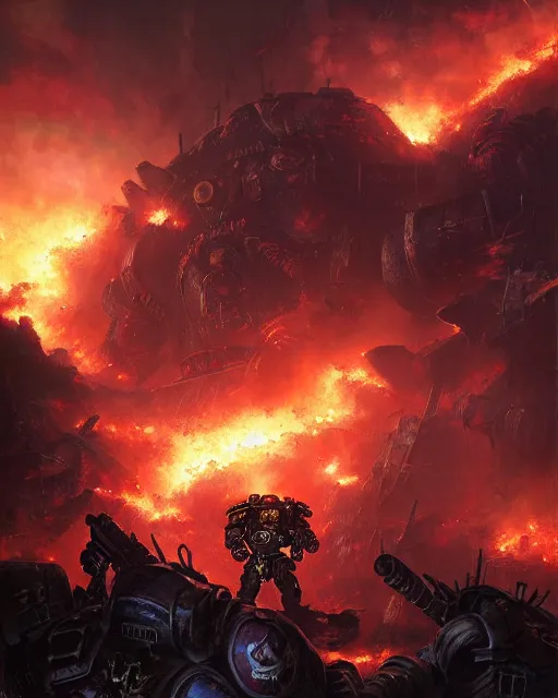 Image similar to space marine surrounded by explosions and burning buildings, sharp focus, hyper detailed, dark fantasy, warhammer 4 0 k, digital painting, by by artgerm and greg rutkowski and magali villeneuve