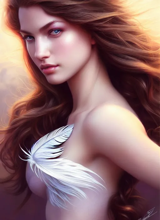 Image similar to a gorgeous female photo, professionally retouched, award winning, hyperdetailed, ray tracing, soft lighting, feather hair, realistic, smooth face, perfect eyes, wide angle, sharp focus on eyes, 8 k high definition, insanely detailed, intricate, elegant, art by artgerm and greg rutkowski and j scott campbell