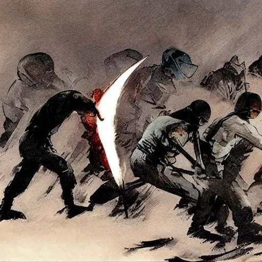 Image similar to mob of torch welding villagers walking up a hill at night. Artwork by Frank Frazetta