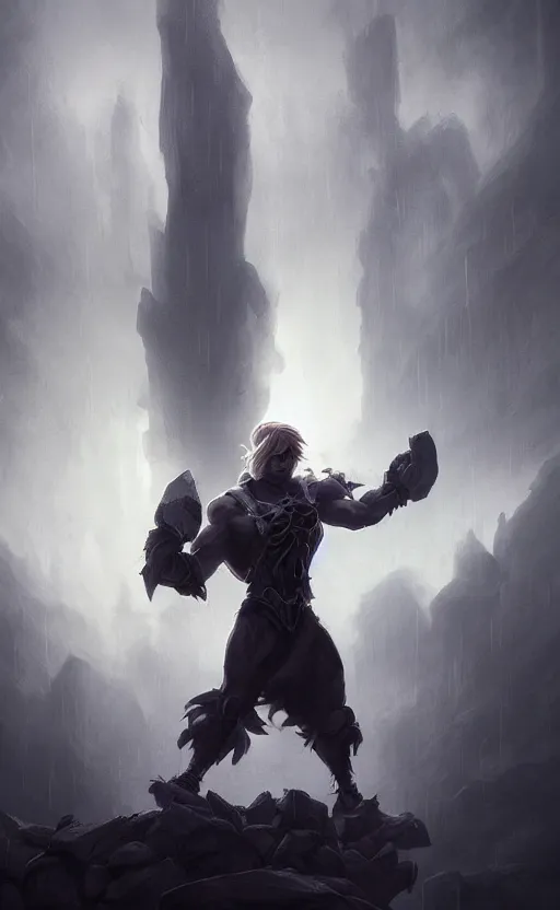 Image similar to Full body centered uncut character pose of mysterious-eerie-ominous He-Man, dark grey shadowy smokey background, atmospheric, cinematic, Epic, ultra-detailed, sharp focus, colored illustration, artwork by Jordan Grimmer and Greg Rutkowski