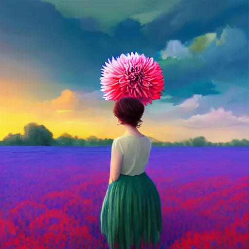 Image similar to giant dahlia flower as head, full body girl standing in a flower field, surreal photography, sunrise, dramatic light, impressionist painting, colorful clouds, digital painting, artstation, simon stalenhag