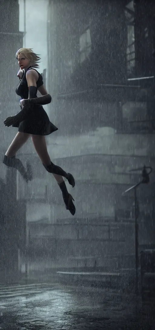 Image similar to beautiful annie leonhart running on high heels in dunwall city, redshift render, beautiful face, detailed face, cinematic lighting, rainy weather, melancholy atmosphere, volumetric light, octane render, dishonored 1, gothic architecture, realistic reflections, octane render 8 k